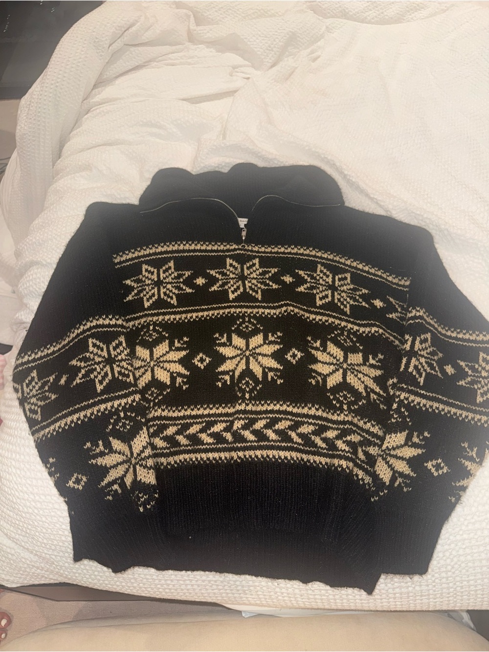 Black & Cream Nordic Zip-Front Women's Sweater